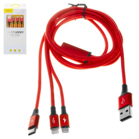 USB кабель Baseus Rapid Series, USB тип C, USB тип A, micro USB тип B, Lightning, 120 см, 3 A, красный, передача данных только на Lightning, в нейлоновой оплетке, 3 в 1, #CAMLT SU09