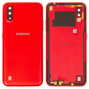 Задняя панель корпуса для Samsung A015 Galaxy A01, красная, со стеклом камеры, с боковыми кнопками