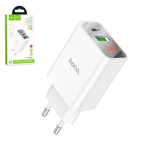 Mains Charger Hoco C100A, 20 W, Quick Charge, Power Delivery PD , white, with LCD, 2 outputs  #6931474769800