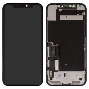 LCD compatible with iPhone 11, black, with frame, change glass, with camera and proximity sensor plastics, Toshiba Sharp version 