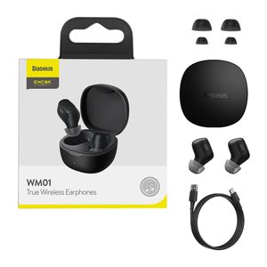 Auricular Baseus WM01, inalámbrica, de vacío, negra, con funda de carga, con cable USB Tipo C, #NGTW370001 NGTW240001 NGWM01 01