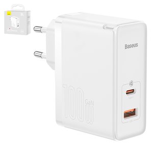Adaptador de red Baseus GaN5 Pro, 100 W, Quick Charge, blanco, con cable USB tipo C USB tipo C, 2 puertos, #CCGP090202