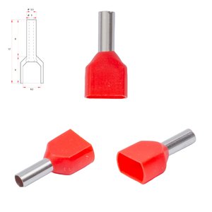 Наконечник TE2508, для 2х проводів, трубчастий, ізольований, червоний, 10 шт., 2,5 мм², 8 мм
